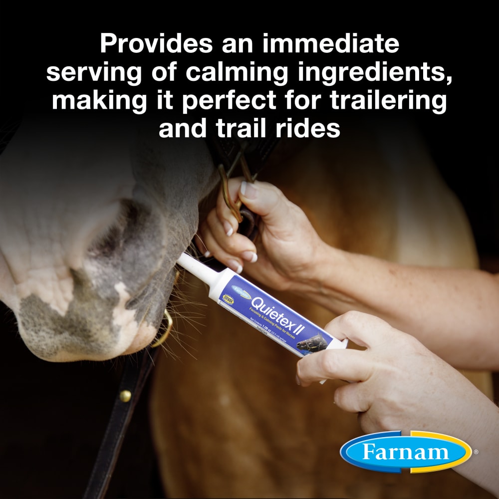 Close up view of a woman giving a tube of Farnam Quitex II Calming Paste to a horse