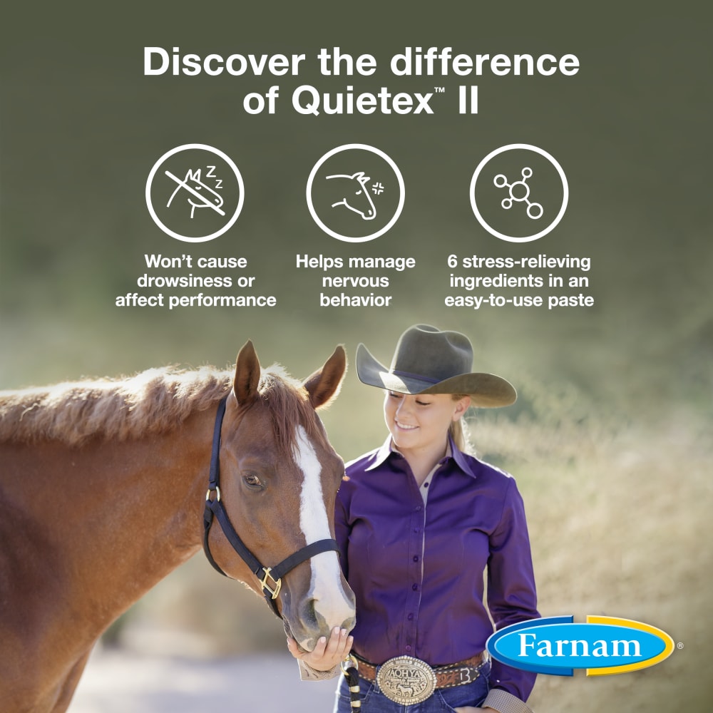 Woman standing next to a horse outside with the benefits listed of the Farnam Quitex II Calming Paste
