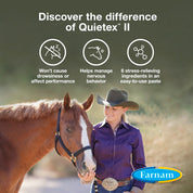 Woman standing next to a horse outside with the benefits listed of the Farnam Quitex II Calming Paste