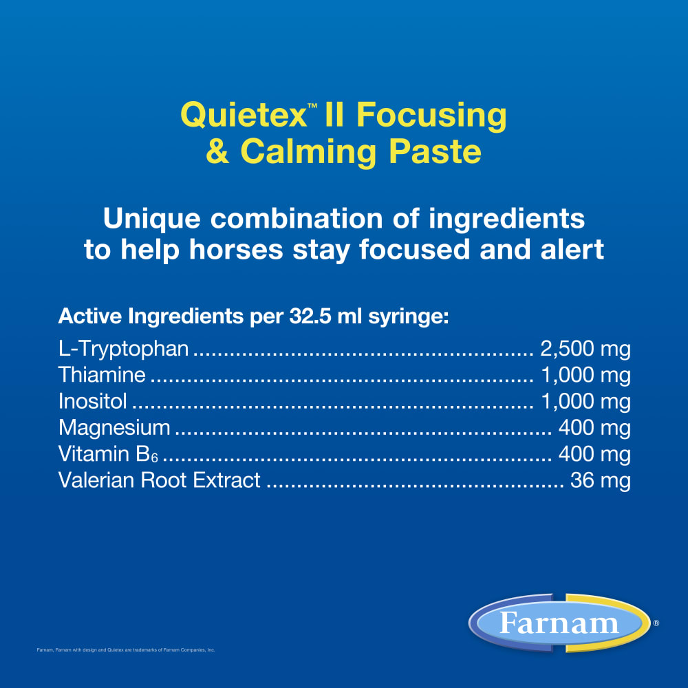 List of active ingredients in the Farnam Quitex II Calming Paste on a blue background