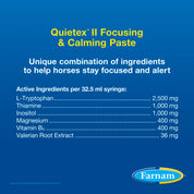 List of active ingredients in the Farnam Quitex II Calming Paste on a blue background