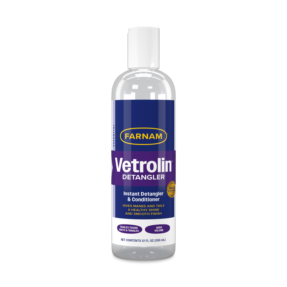 Front view of a 12 oz bottle of Farnam Vetrolin Detangler on a white background