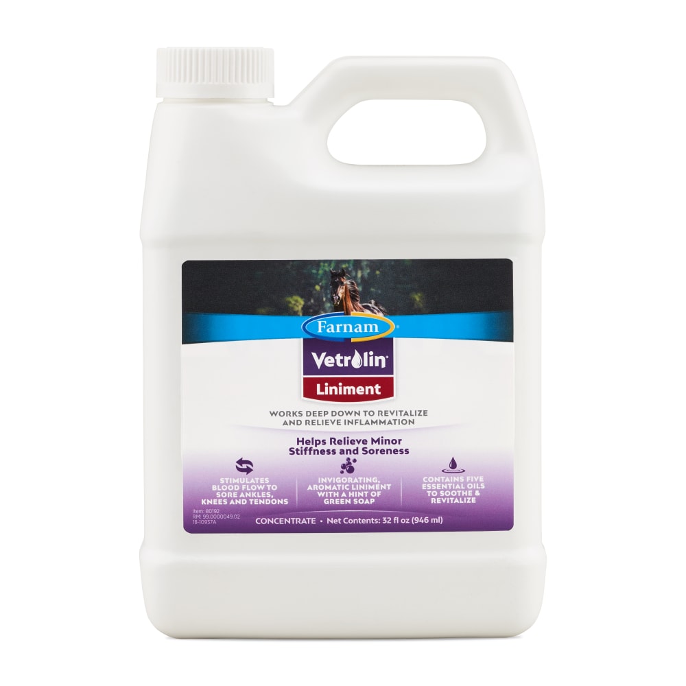 Front view of a 32 oz jug of Farnam Vetrolin Liniment on a white background