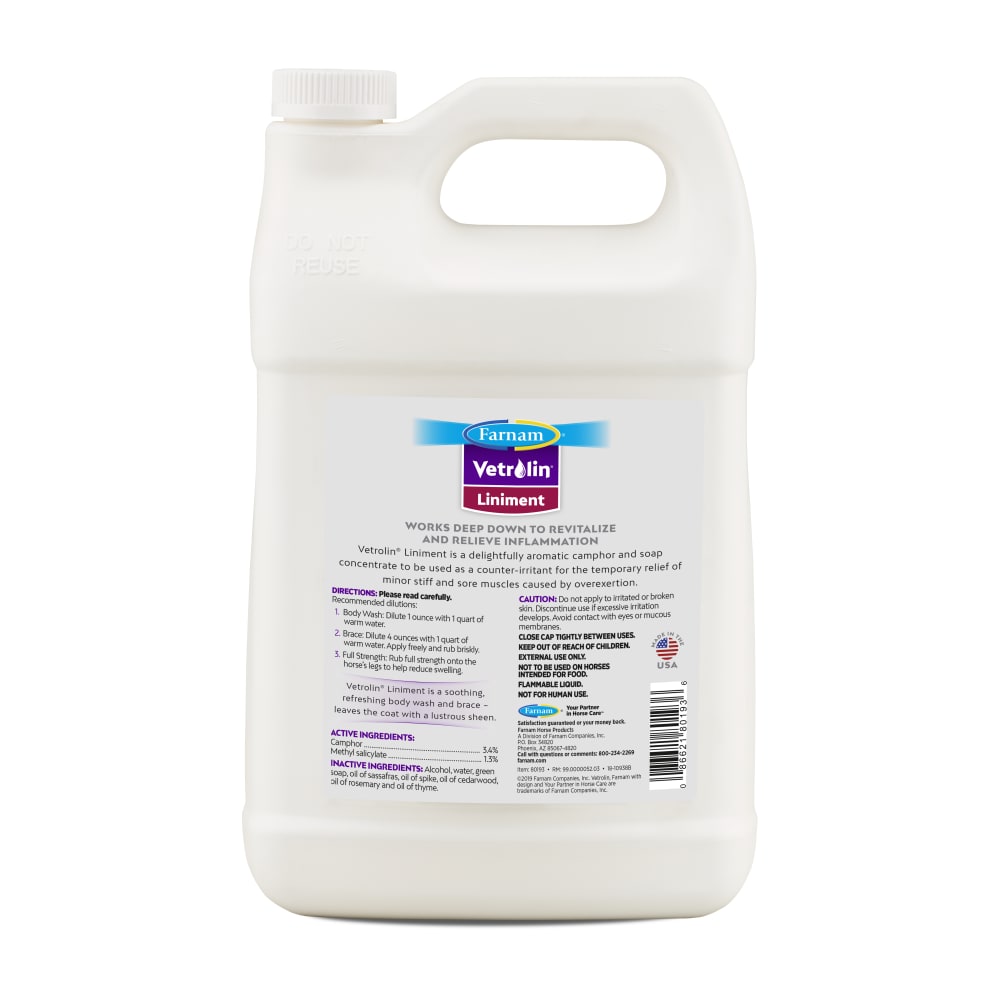 Back view of a 1 gallon jug of Farnam Vetrolin Liniment on a white background