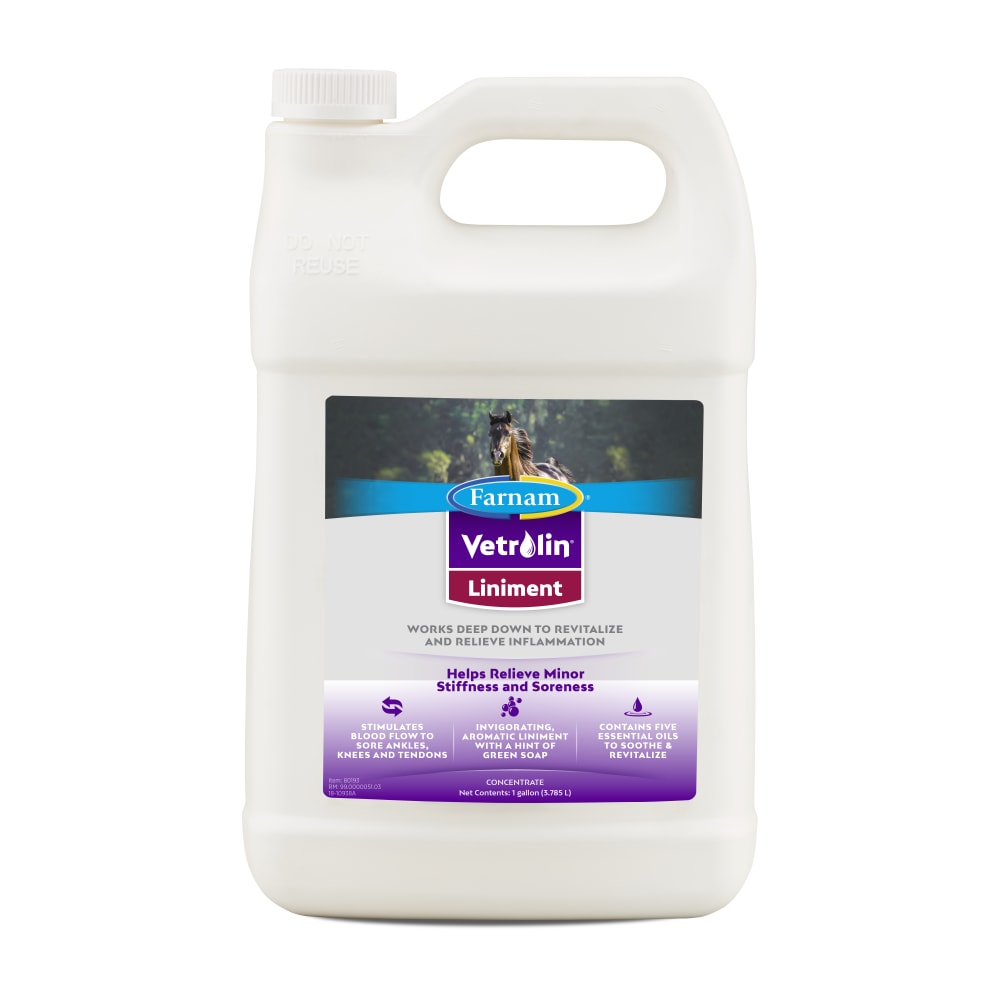 Front view of a 1 gallon jug of Farnam Vetrolin Liniment on a white background