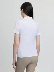 LeMieux Junior Short Sleeve Primrose Show Shirt in white, back view worn with beige breeches