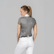 Back view of a model wearing Brushed Nickel Equinavia Martha Short Sleeve Show Shirt on a plain background