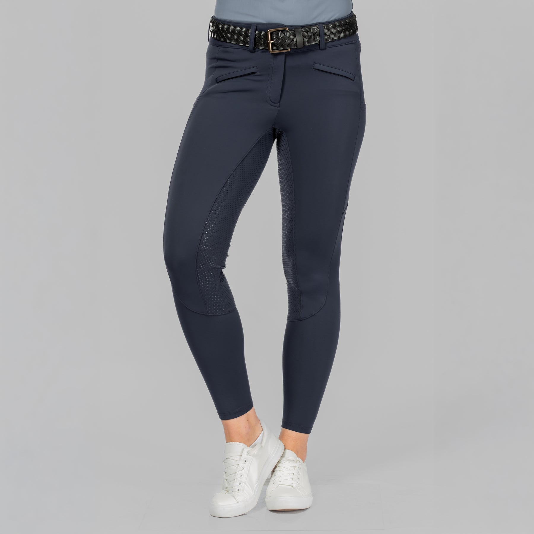 Front view of a model wearing Navy Equinavia Birgit Summer Full Seat Breeches on a plain background