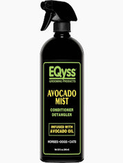 Front view of a 32 oz spray bottle of EQyss Avocado Mist Detangler on a white background