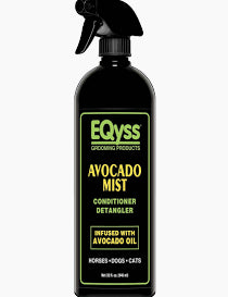 Front view of a 32 oz spray bottle of EQyss Avocado Mist Detangler on a white background