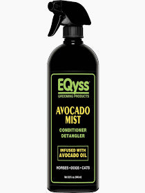 Front view of a 32 oz spray bottle of EQyss Avocado Mist Detangler on a white background