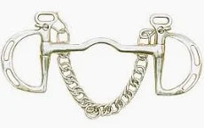Silver ported kimberwick style horse bit with curb chain and rein hooks