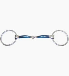 A silver metal horse bit with a central blue and silver striped handle, shown against a plain white background.