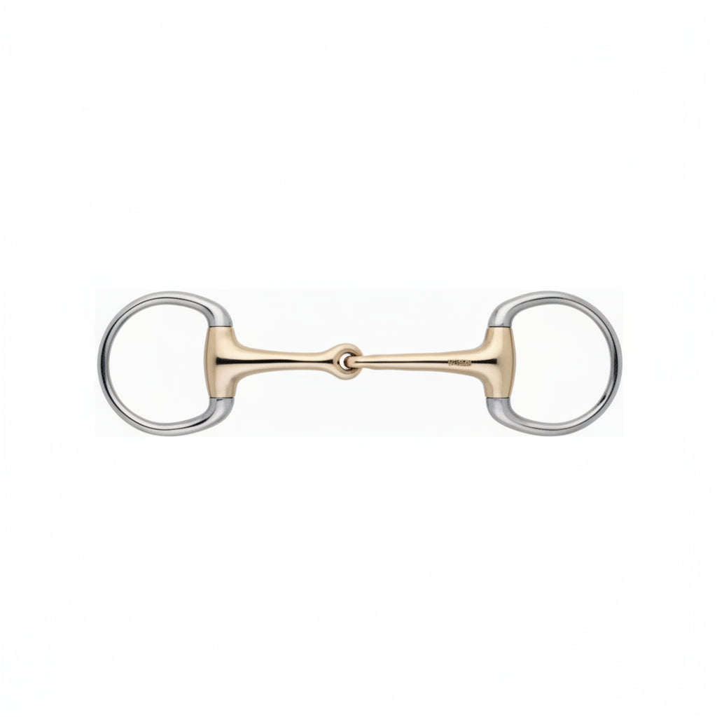 Gold metal horse bit with silver cheekpieces shown on a white background