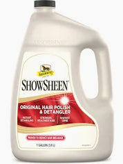 Front view of a 1 gallon jug of Absorbine ShowSheen Hair Polish & Detangler Spray on a white background
