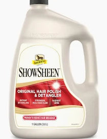 Front view of a 1 gallon jug of Absorbine ShowSheen Hair Polish & Detangler Spray on a white background