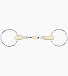A silver metal horse bit with cream-colored bone or ivory accents, shown horizontally against a plain white background.