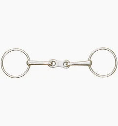 Silver metal horse bit with two joints shown on a white background