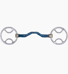 Blue metal horse bit with loop rings and a port shown on a white background