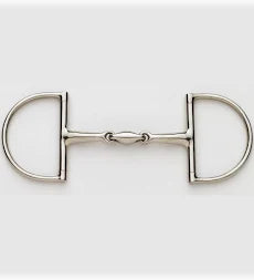 A polished silver horse bit with a straight bar and D-shaped rings, shown against a plain light gray background.