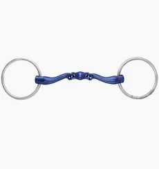 A double-bit horse bit featuring a textured blue center and polished silver-toned rings, shown against a plain white background.