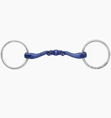 A double-bit horse bit featuring a textured blue center and polished silver-toned rings, shown against a plain white background.