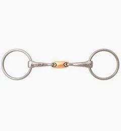 A silver-toned metal horse bit with a small gold-colored center pad, shown against a plain white background.