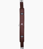 Brown fabric horse english girth with silver buckles shown on a white background
