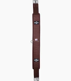 Brown fabric horse english girth with silver buckles shown on a white background