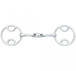 A polished silver equestrian double-bit bit with a polished steel shank and circular ring ends, shown against a plain white background.
