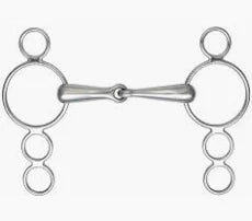 Silver metal horse bit with 3 rings and a single joint shown on a white background