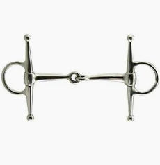 A silver metal horse bit with a straight bar, ring, and small central keeper, shown against a plain white background.