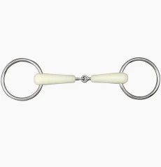 A silver metal horse bit with cream-colored wooden pegs, shown horizontally against a plain white background.