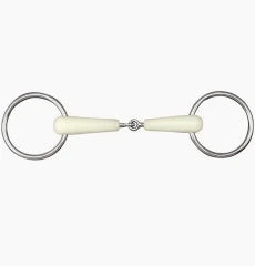 A silver metal horse bit with cream-colored wooden pegs, shown horizontally against a plain white background.
