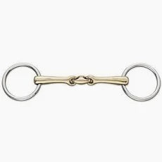 A double-bit horse bit featuring a polished gold-toned center bar with two circular silver-toned rings, shown against a plain white background.