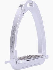 A silver safety stirrup with a textured footbed and white printed branding, shown against a plain white background.