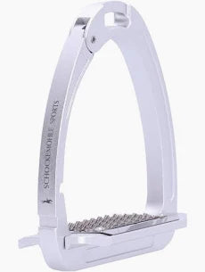 A silver safety stirrup with a textured footbed and white printed branding, shown against a plain white background.