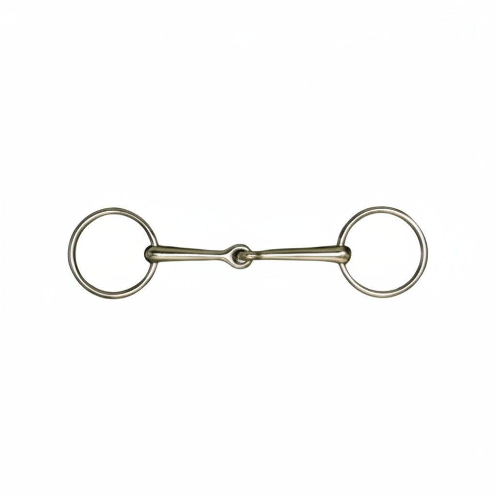 Metal horse bit with single mouthpiece joint shown on a plain white background
