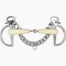 A horse bit with silver metal rings and chain, featuring cream-colored mouthpiece, shown against a plain white background.