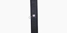 Black fabric horse english girth with silver buckles shown on a white background