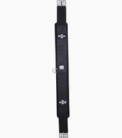Black fabric horse english girth with silver buckles shown on a white background