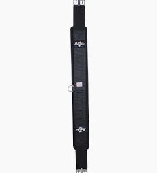 Black fabric horse english girth with silver buckles shown on a white background