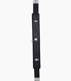 Black fabric horse english girth with silver buckles shown on a white background