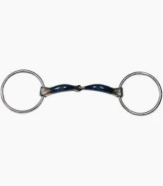 Blue metal horse bit with silver loose rings shown on a white background