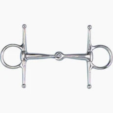 A polished silver metal horse bit with a straight bar, double rings, and a central curb piece, shown against a plain white background.