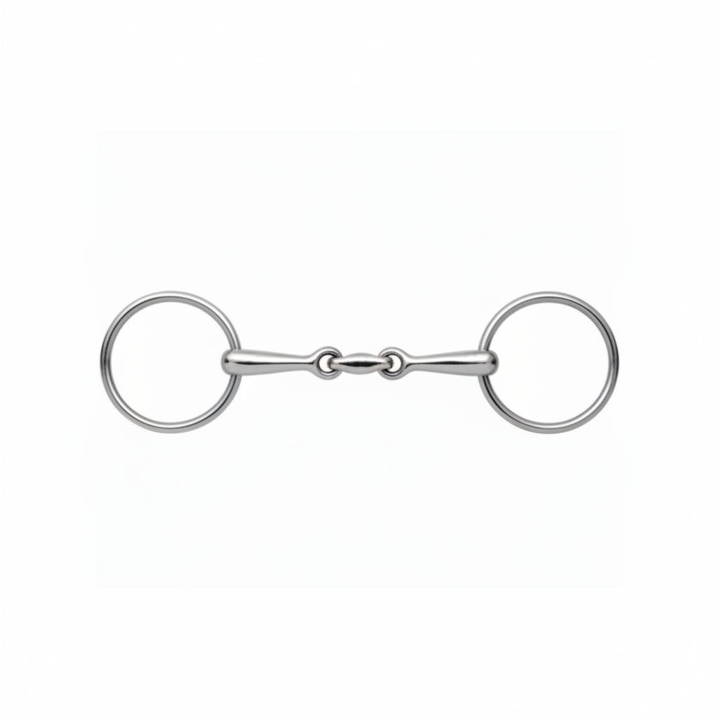A silver metal horse bit with a straight shank and double rings, shown on a plain white background.