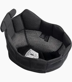 Black padded protective headgear or helmet cover with a mesh interior and a small attached tag, shown on a plain white background.