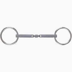 A silver metal horse bit with a straight bar and double rings, shown against a plain white background.