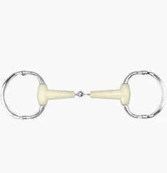 A silver metal horse bit with cream-colored plastic or bone-like cheekpieces, shown against a plain white background.