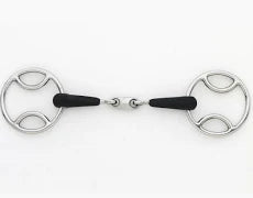 Silver horse bit with black rubber mouth piece and multiple loop cheek rings shown on a plain white background